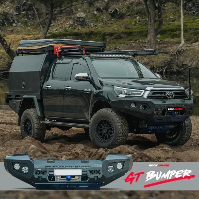 Black off-road truck with Rockarmor GT Steel Bull Bar and driving lights installed