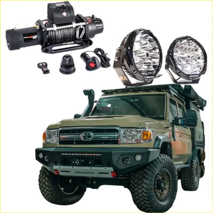 Black electric winch with coiled steel cable and control unit on the rockarmor GT steel hoopless bullbar for Toyota Landcruiser