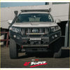Silver toyota land cruiser prado with black steel rockarmor gt hoopless bullbar combo roof rack ideal for offroad 4wd ute