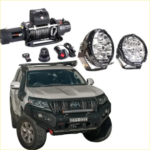 Black and silver steel rockarmor gt hoopless bullbar with led light bar and roof rack on toyota prado 4wd ute offroad