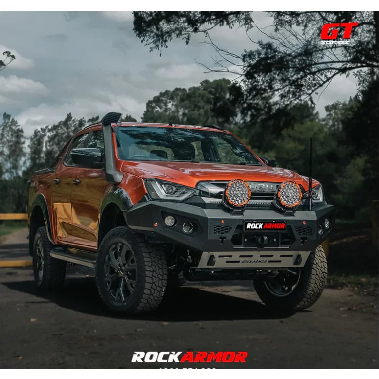 Orange off-road pickup truck with Rockarmor GT Bull steel bull bar and driving lights