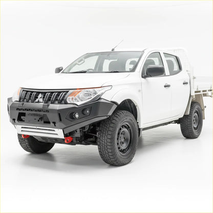 White mitsubishi mq triton pickup with black steel rockarmor gt hoopless bullbar and red tow hooks on front