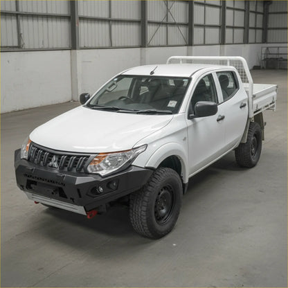White mitsubishi triton with black steel rockarmor gt hoopless bullbar and rugged off-road tires front view