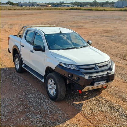 White mitsubishi triton pickup with black steel rockarmor gt hoopless bullbar front bumper and side steps