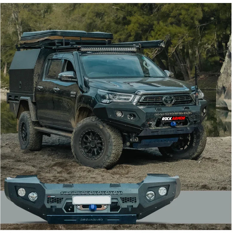 Dark gray Toyota Hilux with Rockarmor GT Bullbar for maximum frontal protection