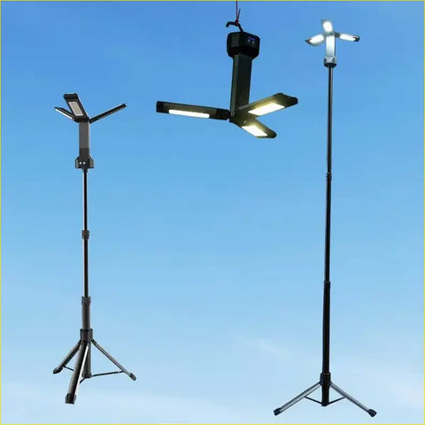 Black adjustable led work lights with multiple arms and tripod bases from rockarmor for versatile lighting setups