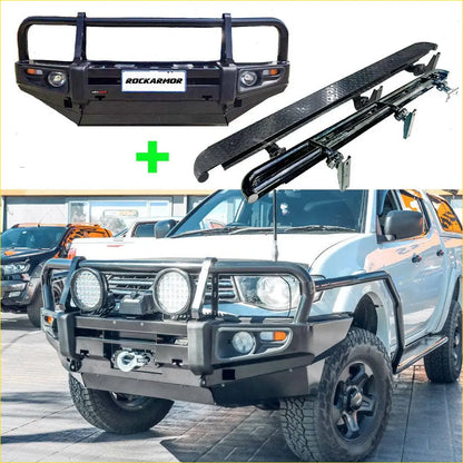 Black rockarmor premium bullbar combo pack with led lights and winch mount for mitsubishi triton front bumper