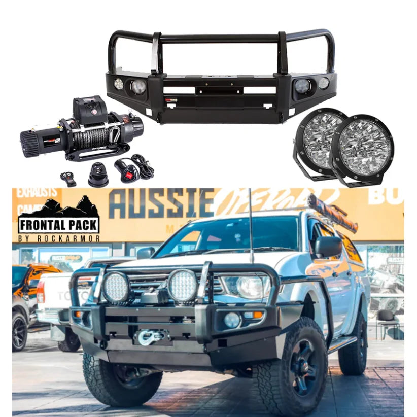 Off-road vehicle frontal protection pack with bull bar, driving lights, and synthetic winch rope