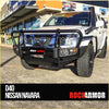 Black rockarmor premium bullbar front bumper with integrated lights designed for nissan d40 ute 4wd offroad use