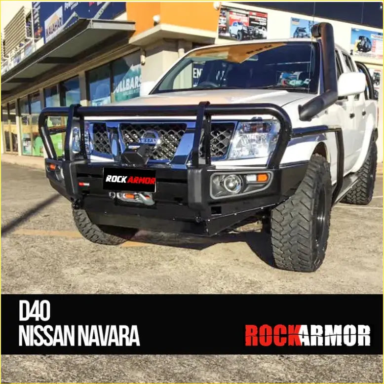 Black rockarmor premium bullbar front bumper with integrated lights designed for nissan d40 ute 4wd offroad use