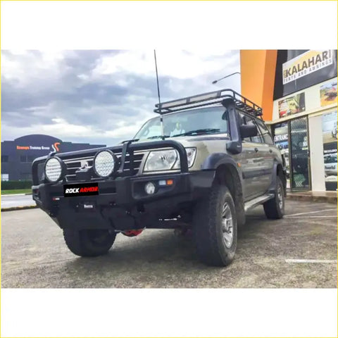 Black rockarmor premium bullbar front bumper with two aux lights for offroad 4wd and ute nissan patrol gu1