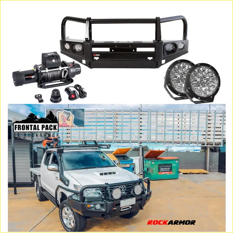 Black metal Rockarmor premium bullbar with circular headlights and winch mount for Toyota Hilux 4wd ute offroad use
