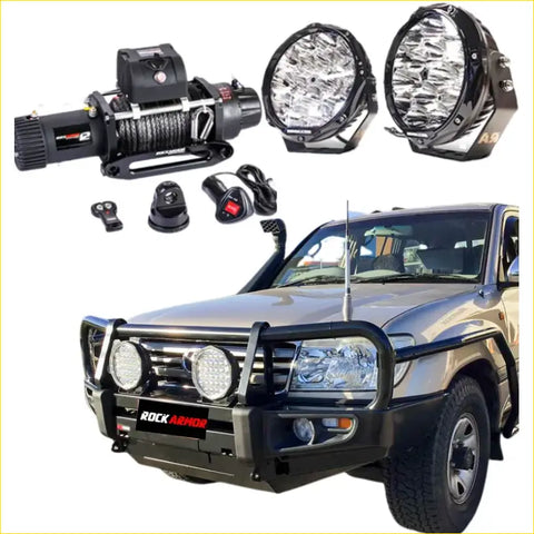 Black rockarmor premium bullbar front bumper with integrated circular led lights and winch system for toyota landcruiser fj100