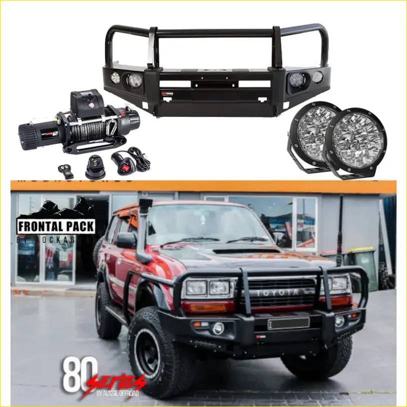 Black metal front bumper with integrated lights and winch for off-road use in rockarmor premium bullbar combo pack for toyota landcruiser 80