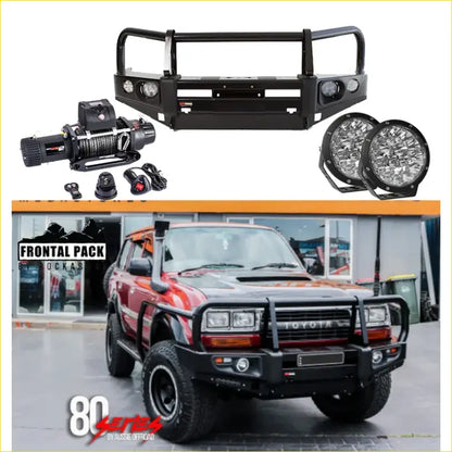 Black metal front bumper with integrated lights and winch for off-road use in rockarmor premium bullbar combo pack for toyota landcruiser 80