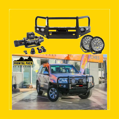 Black metal front bumper guard with circular led lights and winch mount for toyota prado 120 2003-2009