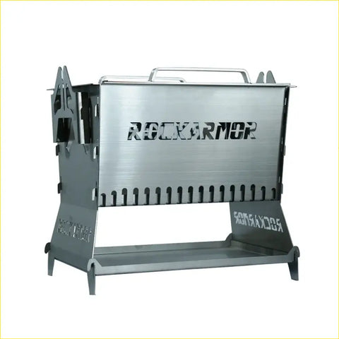 Silver metallic rockarmor premium camp fire pit and bbq grille with handle and ventilation slots perfect for 4wd and offroad trips