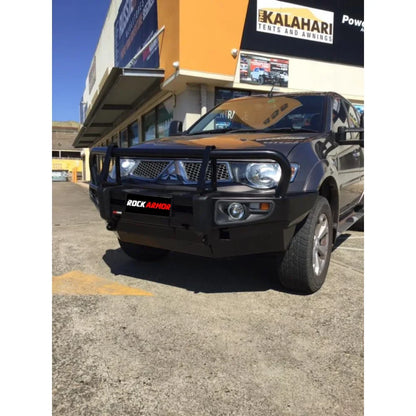 Black steel bull bar with fog light mounts on gray Mitsubishi Triton MN/ML 2006-2015