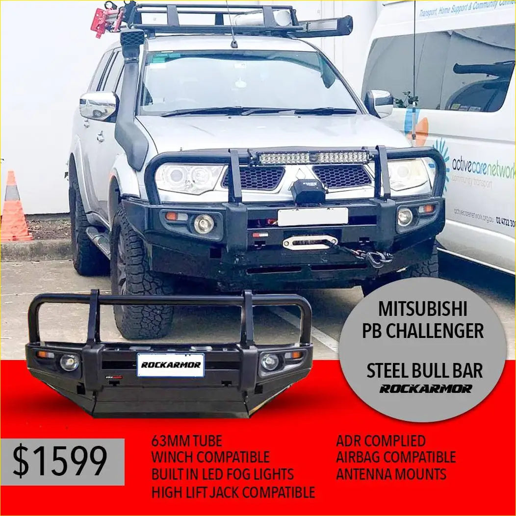 Black steel rockarmor premium bullbar with led fog lights and winch for mitsubishi triton mn/ml pb challenger