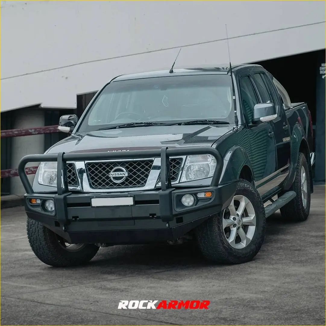 Black Nissan Navara pickup truck with Rockarmor premium steel front bumper bullbar for D40 2005-2015 model