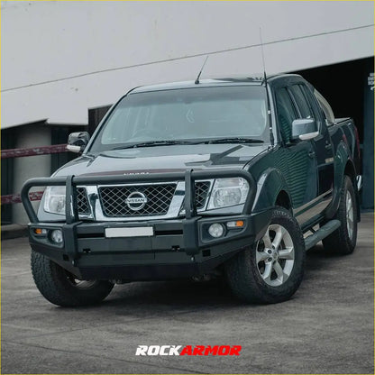Black Nissan Navara pickup truck with Rockarmor premium steel front bumper bullbar for D40 2005-2015 model