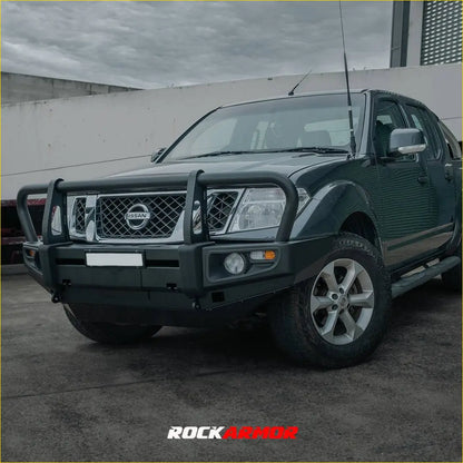 Black rockarmor premium steel bullbar front bumper guard on a nissan navara d40 2005-2015 pickup truck