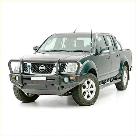 Dark green nissan navara with rockarmor premium steel bullbar featuring black front bumper guard and chrome accents