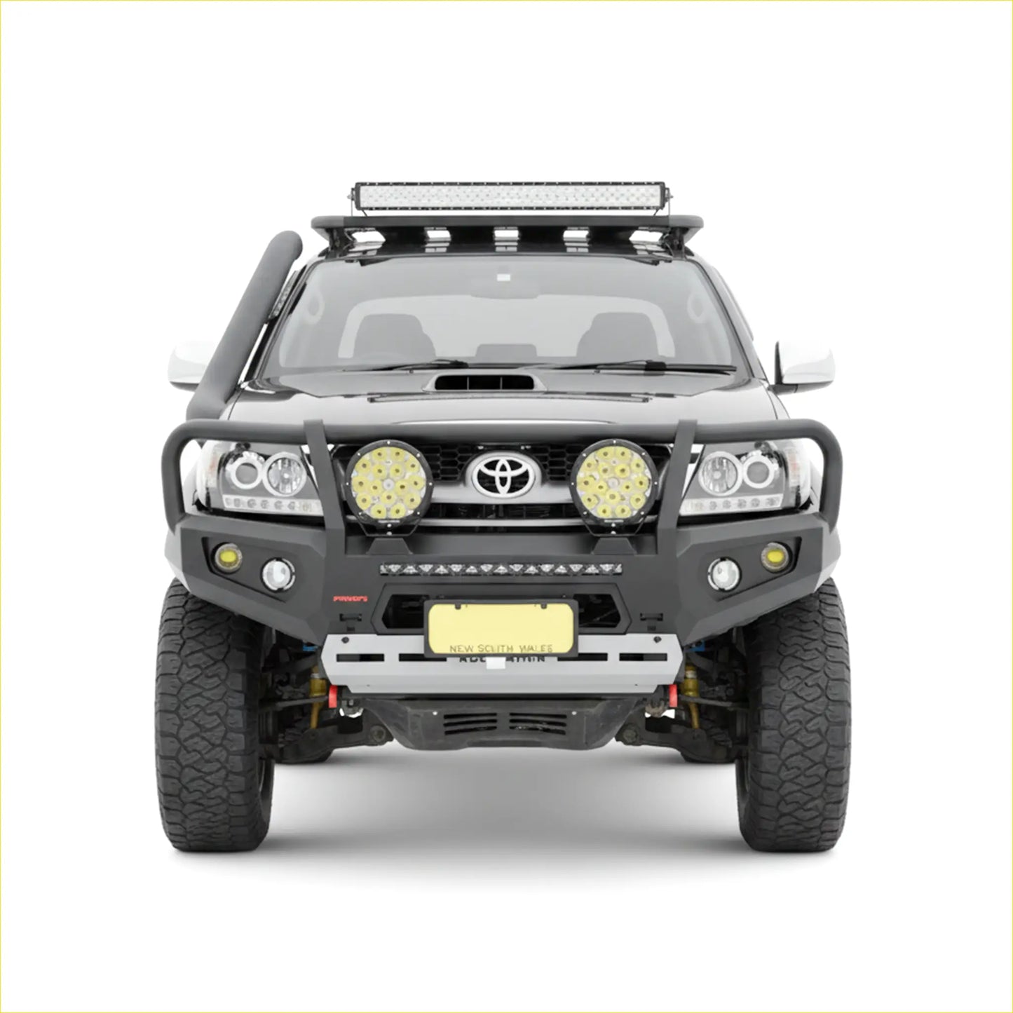 Black toyota hilux n70 pickup with rockarmor premium steel bullbar heavy-duty bumper led light bar and off-road lights