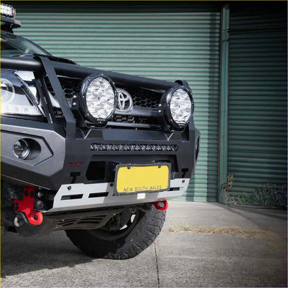 Rockarmor premium steel bullbar for Toyota Hilux N70 2005-2011 in black with rugged front bumper led lights and red tow hooks