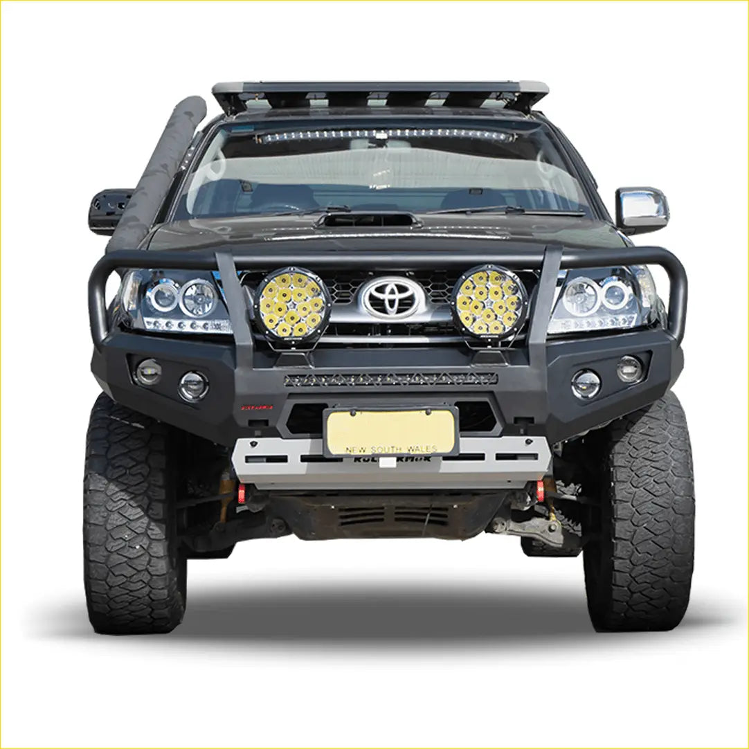 Black toyota hilux n70 with rockarmor premium steel bullbar featuring rugged off-road design and reinforced front bumper