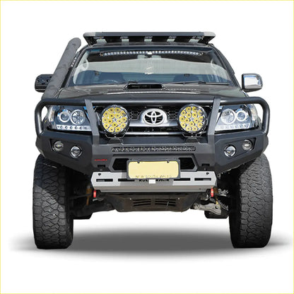 Black toyota hilux n70 with rockarmor premium steel bullbar featuring rugged off-road design and reinforced front bumper