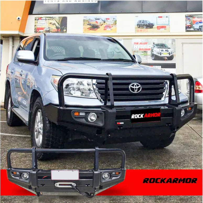 Black bull bar with premium steel construction and fog light compatibility for Toyota Landcruiser