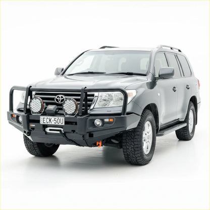 Black rugged steel rockarmor front bumper with led lights and winch mount fitted to silver toyota landcruiser 200 gx/gxl