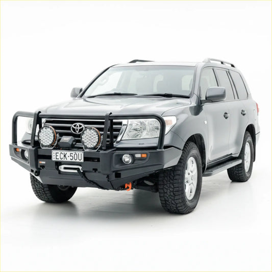 Black rugged steel rockarmor front bumper with led lights and winch mount fitted to silver toyota landcruiser 200 gx/gxl