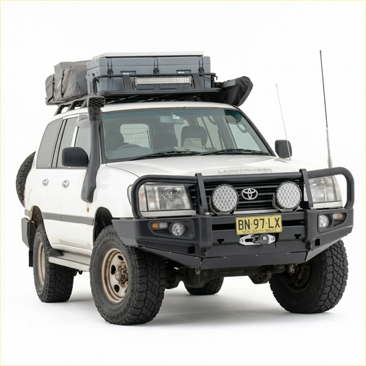 White toyota land cruiser fj105 with black rockarmor premium steel bullbar off-road tires roof rack and bumper