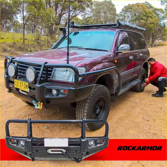 Black rockarmor premium steel bullbar with integrated lights and winch mount for toyota landcruiser fj105