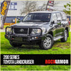 Black 200 series toyota landcruiser 4wd with rockarmor steel bullbar front bumper and alloy wheels for offroad use