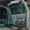 Black metal rockarmor rear folding table and pantry with mesh basket mounted inside open rear door of prado 120