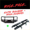 Black metal bullbar with integrated headlights and rock sliders for offroad 4wd ute holden colorado elite rockarmor