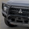 Black metal front bumper with integrated grille and mitsubishi logo for rockarmor rock pack triton 2024+
