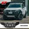 Black Rockarmor front bumper for Mitsubishi Triton pickup truck Featuring GT hoopless bullbar and rock sliders