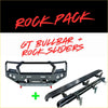 Black gt hoop bullbar with integrated rock sliders and textured metal construction for offroad 4wd ute use
