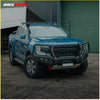 Blue ford ranger 4wd ute with black rockarmor front bumper roof rack and gt hoop bullbar for offroad use