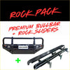 Black rockarmor premium bullbar with integrated rock sliders in rugged steel and textured grip for offroad 4wd ute use