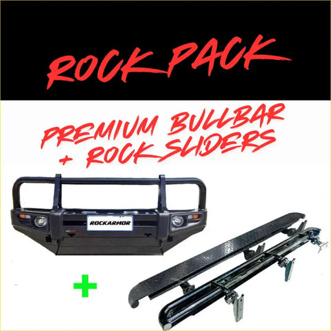 Black rockarmor premium bullbar with integrated rock sliders in rugged steel and textured grip for offroad 4wd ute use