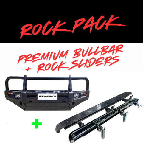 Black rockarmor premium bullbar with integrated rock sliders in rugged steel for nissan patrol gu4 4wd offroad use