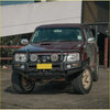 Maroon Nissan Patrol with black rockarmor premium bullbar and rugged off-road tires for GU4 2005 to current models