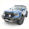 Blue ford ranger raptor with black front bumper and roof rack featuring rockarmor gt hoopless bullbar and rock sliders