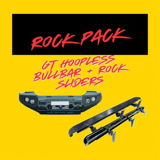 Black gt hoopless bullbar with integrated lights and rock sliders for rugged off-road use on toyota prado 150