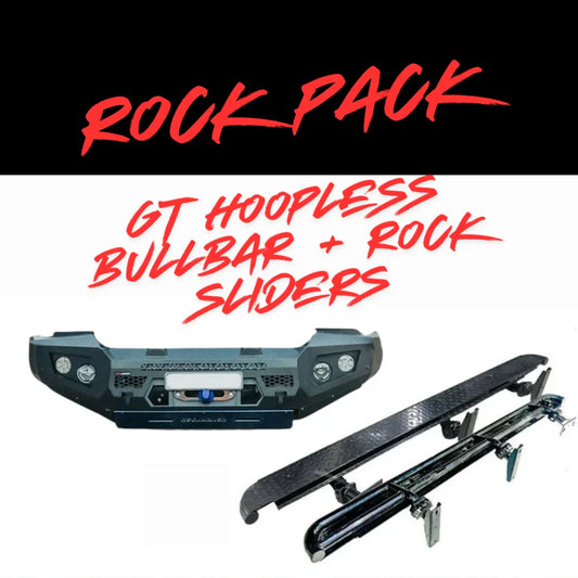 Black gt hoopless bullbar with integrated lights and rock sliders for rugged off-road use on toyota prado 150